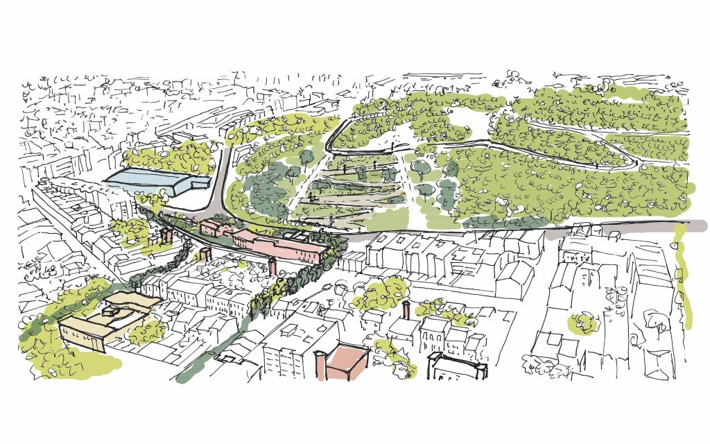 Il·lustració de la nova façana de la ciutat, amb un nou espai verd a la Parellada