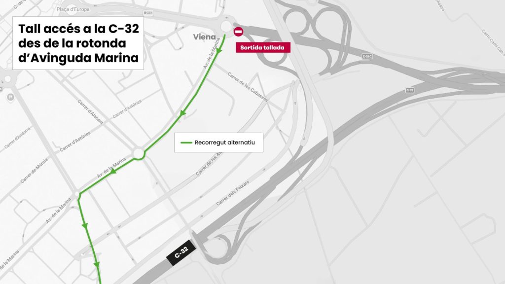Nou tall d’accés a la C-32 des de la rotonda de la B-201 amb l’Avinguda Marina de Sant Boi aquesta és la ruta alternativa