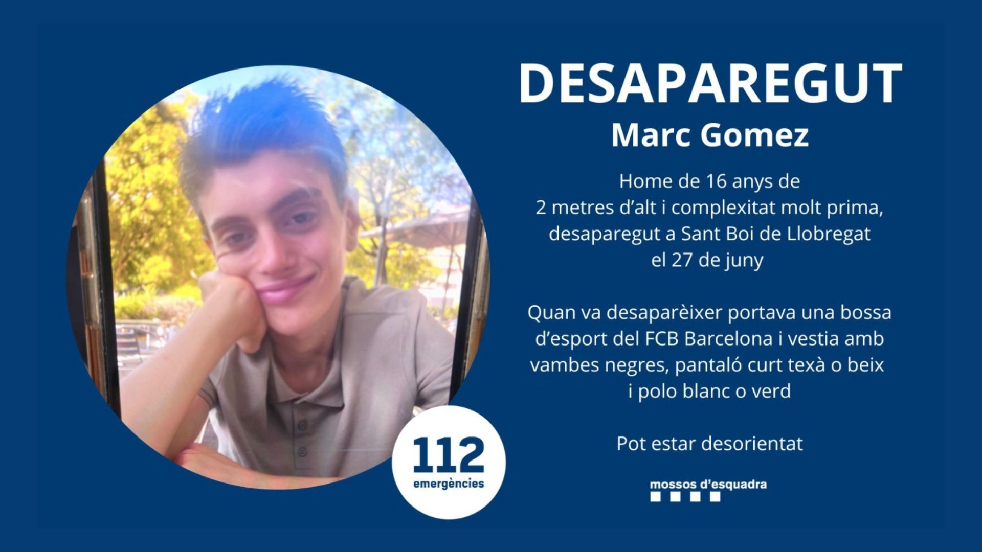 Desapareix un noi de 16 anys a Sant Boi els Mossos demanen ajuda per trobar-lo
