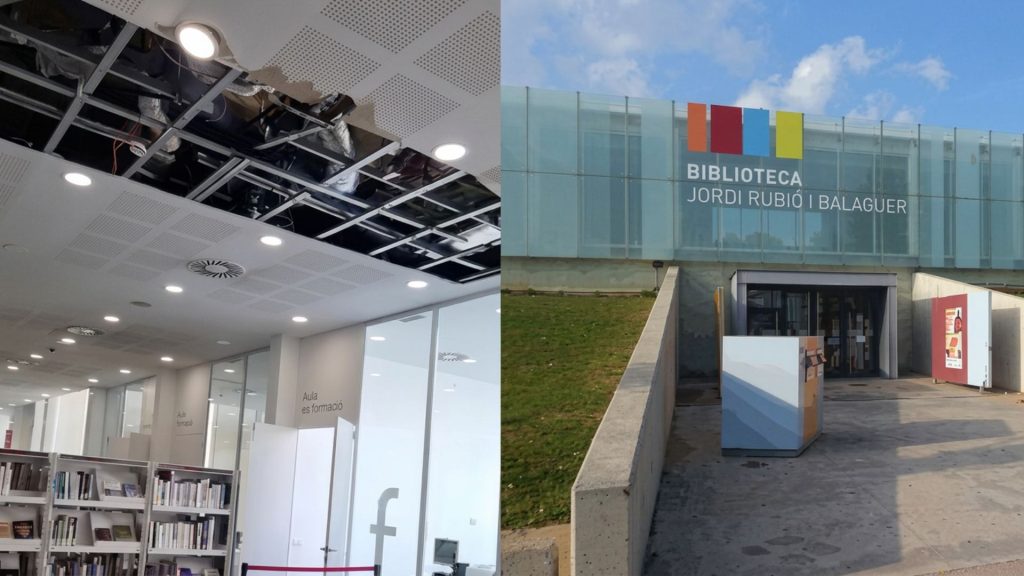 Cau part del fals sostre de la Biblioteca Jordi Rubió i Balaguer de Sant Boi